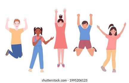 A set of happy joyful children having fun, jumping, dancing. Boys and girls of different skin colors are laughing. Flat vector illustration isolated on a white background.