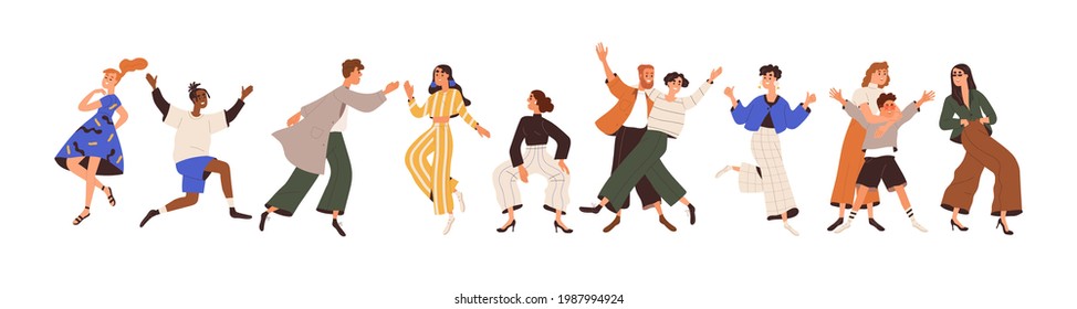 Set of happy joyful people having fun, rejoicing, dancing, fooling around with positive emotions. Laughing cheerful young men and women. Colored flat vector illustration isolated on white background - Shutterstock ID 1987994924