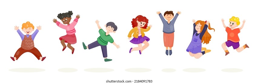 Set of happy jumping kids. Active or energetic boys and girls in motion with raised hands. Preschoolers or classmates have fun and smile. Cartoon flat vector collection isolated on white background