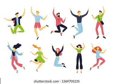 Set of happy jumping people in different poses. Hand-drawn collection of cartoon women and men. Doodle funny characters can be used for partnership, teamwork or celebration concepts.