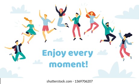 Set of happy jumping people in different poses. Hand-drawn collection of cartoon women and men with text. Doodle funny characters enjoying life and every moment