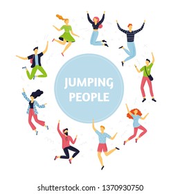 Set of happy jumping people in different poses. Collection of cartoon women and men in flat design. Funny characters can be used for partnership, teamwork or celebration concepts. Vector illustration.