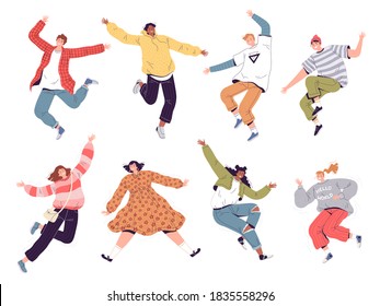 Set of happy jumping people in different poses. Young men and women of different nationalities jumping and laughing