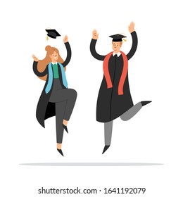 Set of happy jumping young couple, boy and girl. Cartoon students in graduation gowns and caps. Educated university or collage graduating people characters. Flat isolated vector illustration.