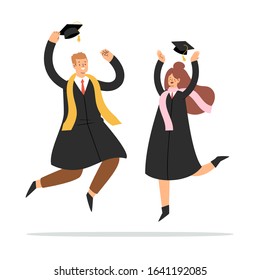 Set of happy jumping young couple, boy and girl. Cartoon students in graduation gowns and caps. Educated university or collage graduating people characters. Flat isolated vector illustration.