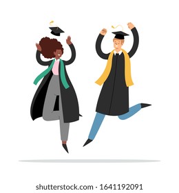 Set of happy jumping young couple, boy and girl. Cartoon students in graduation gowns and caps. Educated university or collage graduating people characters. Flat isolated vector illustration.