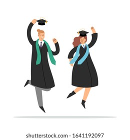 Set of happy jumping young couple, boy and girl. Cartoon students in graduation gowns and caps. Educated university or collage graduating people characters. Flat isolated vector illustration.