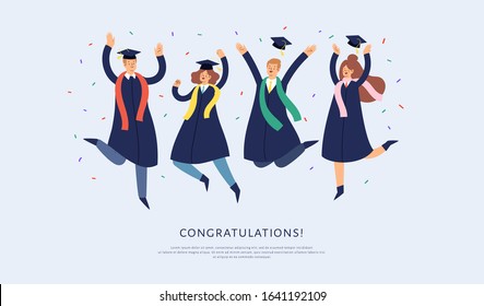 Set of happy jumping young people. Cartoon international students in graduation gown and cap. Educated university or collage graduating man and woman characters. Flat isolated vector banner with text