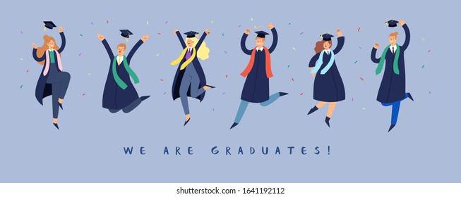 Set of happy jumping young people. Cartoon international students in graduation gown and cap. Educated university or collage graduating man and woman characters. Flat isolated vector banner with text