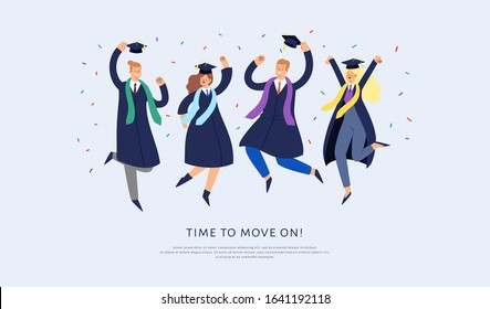 Set of happy jumping young people. Cartoon international students in graduation gown and cap. Educated university or collage graduating man and woman characters. Flat isolated vector banner with text