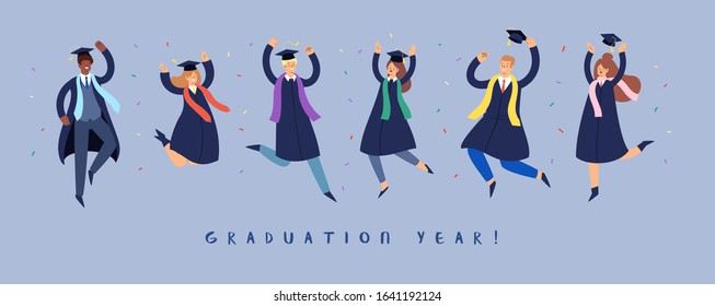 Set of happy jumping young people. Cartoon international students in graduation gown and cap. Educated university or collage graduating man and woman characters. Flat isolated vector banner with text