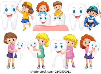 Set of happy kid holding a big tooth and dental mirror on white background illustration