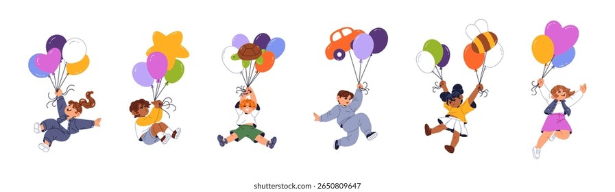 Conjunto de crianças felizes com balões. Crianças bonitas voam com balões em sonhos. Garotinhos e meninas estão voando com formas infláveis no ar. Ilustrações de vetor isoladas planas sobre fundo branco