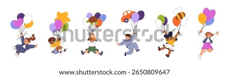 Set of happy kids with balloons. Cute children fly up with ballons in dreams. Little boys and girls are flying with inflatable shapes in the air. Flat isolated vector illustrations on white background