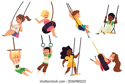 Set of happy kids boys and girls swinging on rope swings in park or playground. Children having fun play outdoor at summer leisure. Flat cartoon vector isolated illustrations.