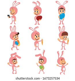 Set of Happy kids in bunny costume with ears hunting easter eggs, childrens play rabbits on spring holiday, decorative basket under bush vector illustration