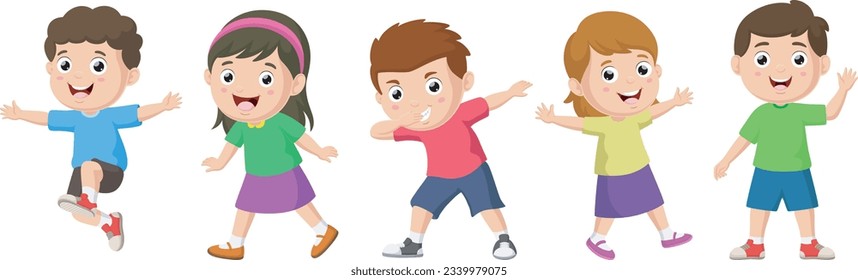 Set of happy kids cartoon dancing