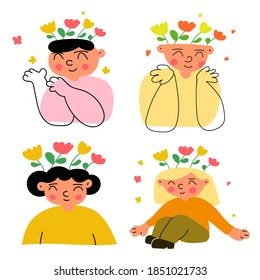 Set von glücklichen Kinderfiguren mit Blumen im Kopf. Illustrationen auf weißem Hintergrund. Konzept der psychischen Gesundheit.