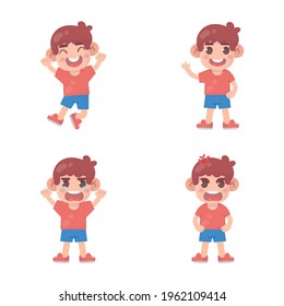 set of happy kids cute boy character with many gesture expressions .
