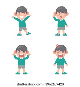 set of happy kids cute boy character with many gesture expressions .
