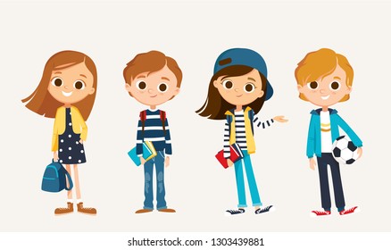 Set of happy kids in different clothes. Pupils with books and backpacks. vector.Set of preschoolers children teenagers characters in different poses,clothes,wear. Children fashion models.Kids apparel.