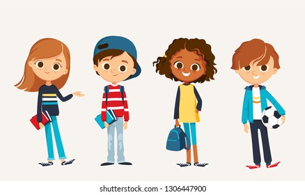 Set of happy kids in different clothes. Cartoon characters School children with books. Education vector. 