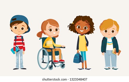 Set of happy kids in different clothes. Cartoon characters School children with books. Education vector. 