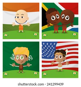 a set of happy kids with different flags on the backgrounds