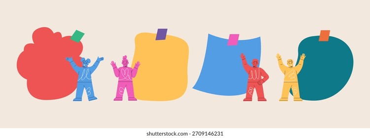 Set of happy Kids  and empty paper. Colorful vector illustration