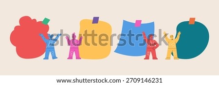 Set of happy Kids  and empty paper. Colorful vector illustration