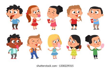 Set Of Happy Kids Enjoying Eating Ice Cream And Cotton Candy. Cute Little Boys And Girls Drinking Cocktails And Eating Sweets. Children Eating Candy. Cartoon Style Vector Illustration 