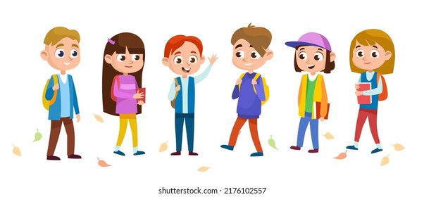 Set of happy kids going back to school with backpacks and books in the fall. A group of smiling schoolboys and schoolgirls characters, isolated on white background. Cartoon style vector illustration.