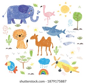 Set of happy kids hand drawn illustrations with doodle animals, fish shark ,elephant, flamingo, camel, parrot, cloud airplane bird summer. Cartoon vector illustration