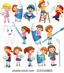 Set of happy kids holding dental cleaning equipment on white background illustration