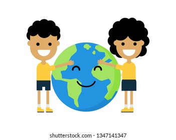 Set of happy kids hugging globe. Little boy and girl holding the Earth. ecology concept. save planet. funny cartoon character isolated on white background. vector illustration.