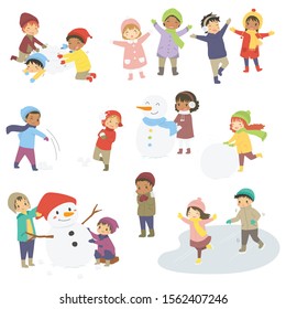 set of happy kids on winter holiday. Kids playing in the snow and building snowman on winter holiday, cartoon vector