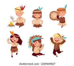 Set of happy kids playing American Indians wearing traditional costumes and feathered headgears cartoon vector illustration