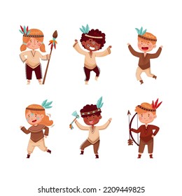 Set of happy kids playing Indians. Children wearing traditional tribal costumes and feathered headgears having fun cartoon vector illustration