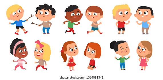 Set of Happy Kids Playing on the Playground. Cute Little Boys and Girls Play Catch-up, talking and laugh together. Cartoon Style Vector Illustration 