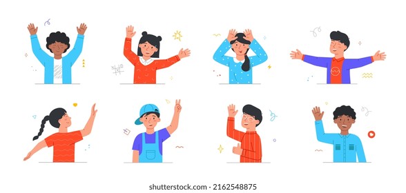 Set of happy kids raising and waving hands. Cute boys and girls dance, grimace, say hello and show hand gestures. Activity of preschoolers. Cartoon flat vector collection isolated on white background