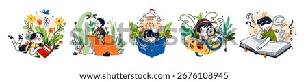 Set of happy kids reading paper books. Cute children are learning with textbooks. Little boys and girls enjoy fairy tales, novels and stories. Flat isolated hand drawn vector illustrations on white