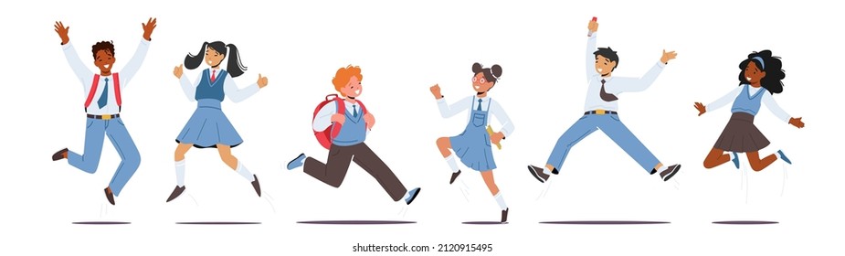 Pon niños felices con uniformes escolares con mochilas saltando. Personajes de escolares y escolares riéndose, saludando con las manos el nuevo año educativo, volviendo a la escuela. Ilustración de vectores de personas de caricatura