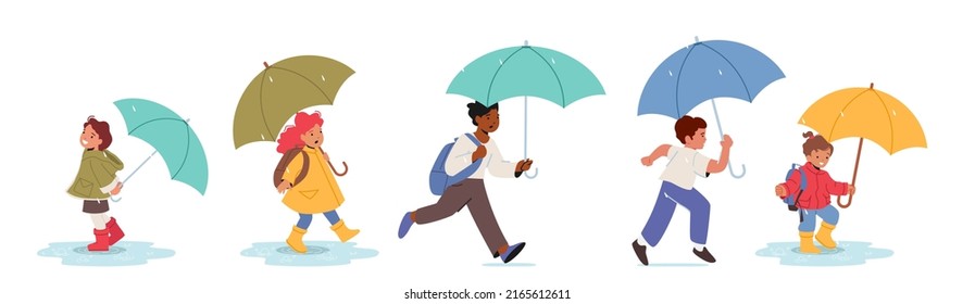 Set of Happy Kids with Umbrellas Isolated on White Background, Boys and Girls Characters Walking at Rainy Weather, Jump and Run by Puddles at Autumn or Spring Time. Cartoon People Vector Illustration