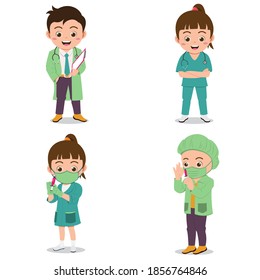 Set of Happy Kids Wearing Hospital Uniforms