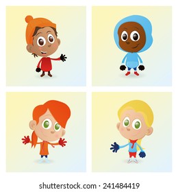 a set of happy kids with winter clothes