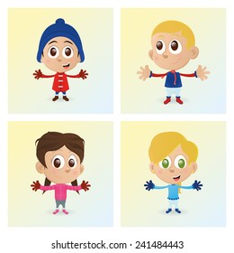 a set of happy kids with winter clothes