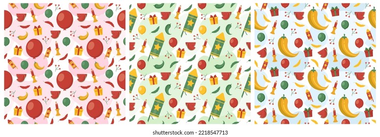 Set of Happy Kwanzaa Holiday African Seamless Pattern Design with Festival Style Element on Template Hand Drawn Cartoon Flat Illustration