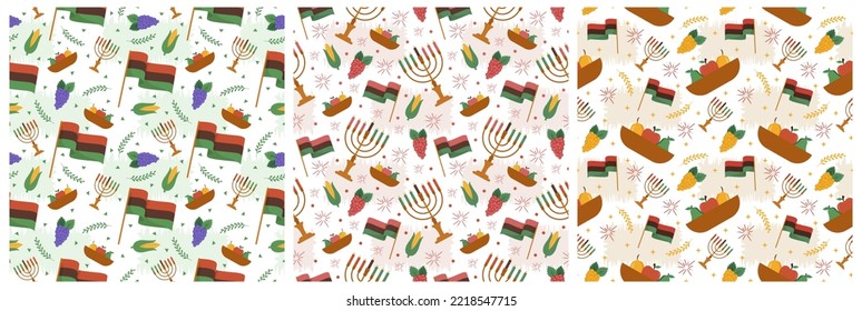 Set of Happy Kwanzaa Holiday African Seamless Pattern Design with Festival Style Element on Template Hand Drawn Cartoon Flat Illustration