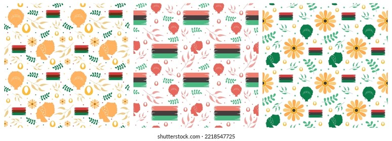 Set of Happy Kwanzaa Holiday African Seamless Pattern Design with Festival Style Element on Template Hand Drawn Cartoon Flat Illustration