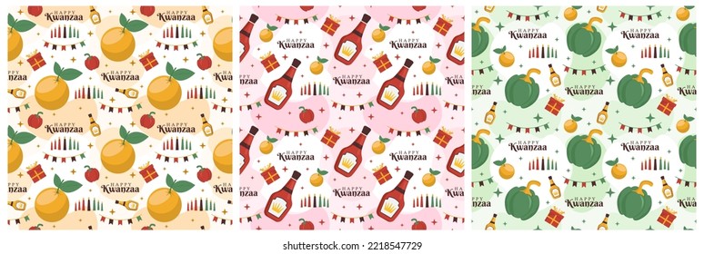 Set of Happy Kwanzaa Holiday African Seamless Pattern Design with Festival Style Element on Template Hand Drawn Cartoon Flat Illustration